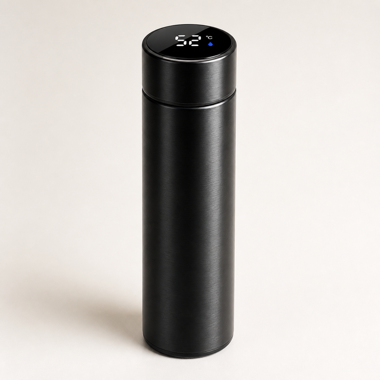 Matte black stainless-steel smart water bottle with LCD temperature display on the lid