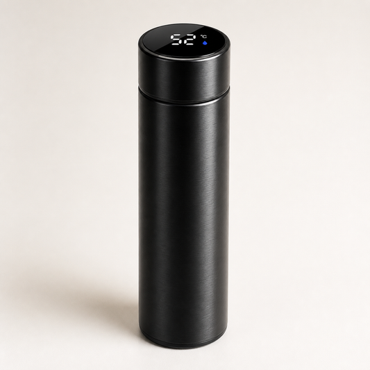 Matte black stainless-steel smart water bottle with LCD temperature display on the lid