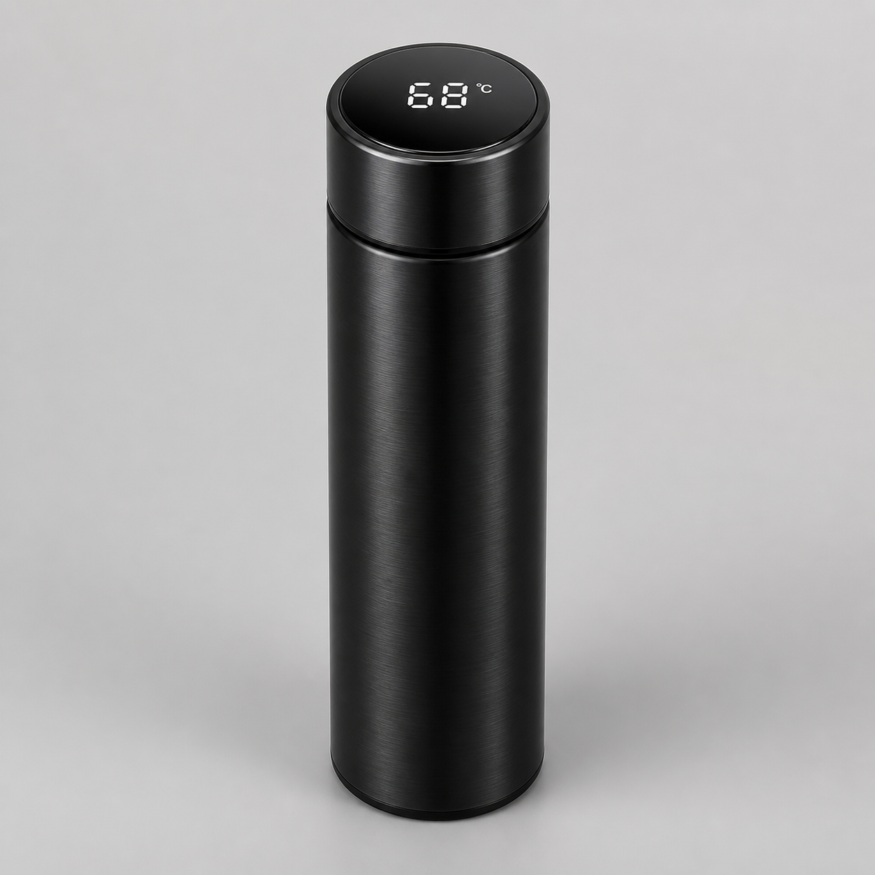 Side view of a matte black stainless-steel smart water bottle with LCD temperature lid