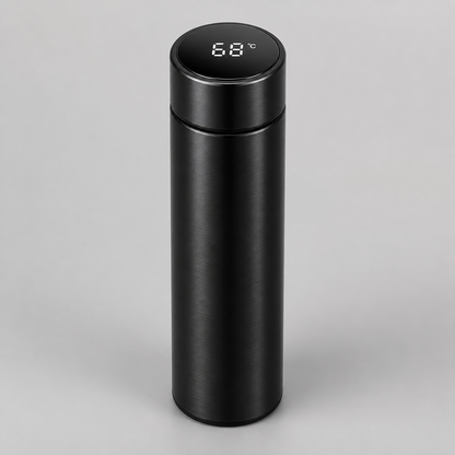 Side view of a matte black stainless-steel smart water bottle with LCD temperature lid