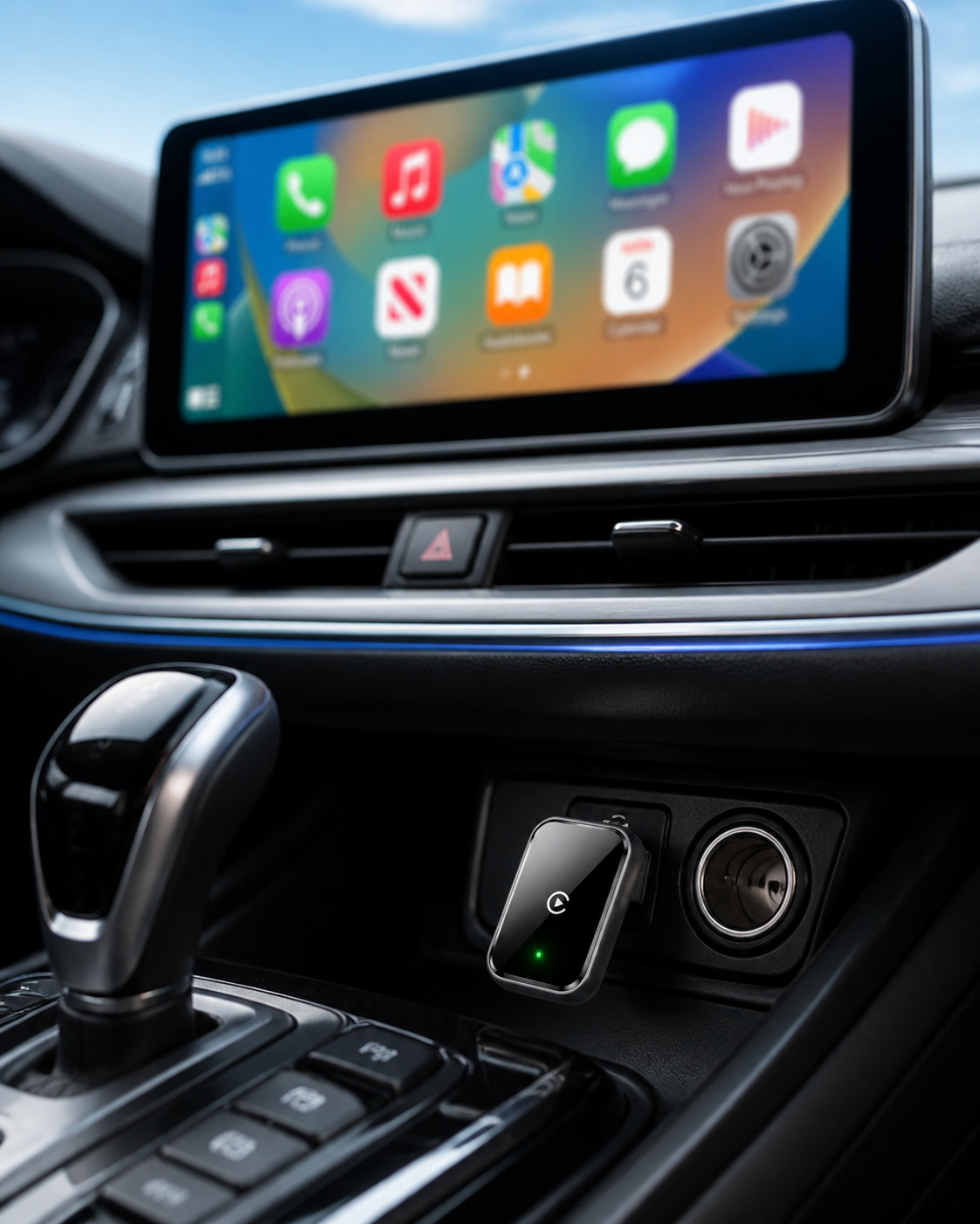 Wireless CarPlay adapter connected inside a car