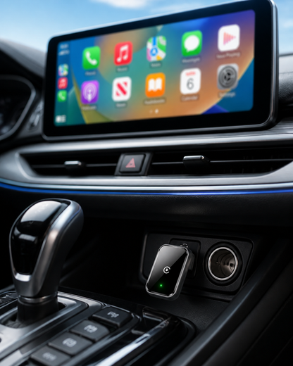 Wireless CarPlay adapter connected inside a car