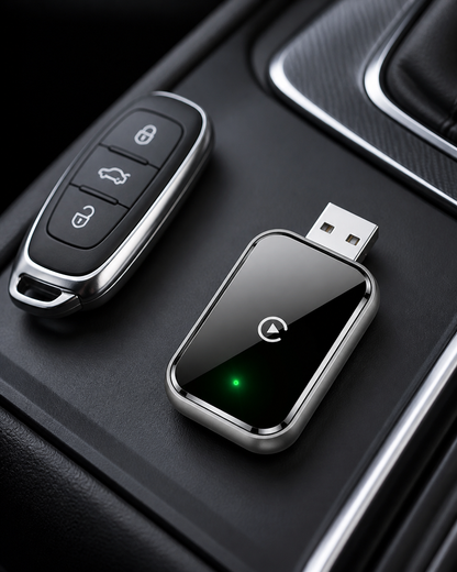 Compact wireless CarPlay adapter beside a car key