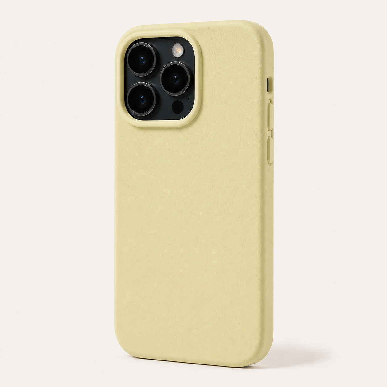 Beige protective iPhone case installed on a triple-camera phone, clean studio view