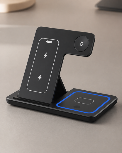 3-in-1 foldable wireless charging station in black, studio product view