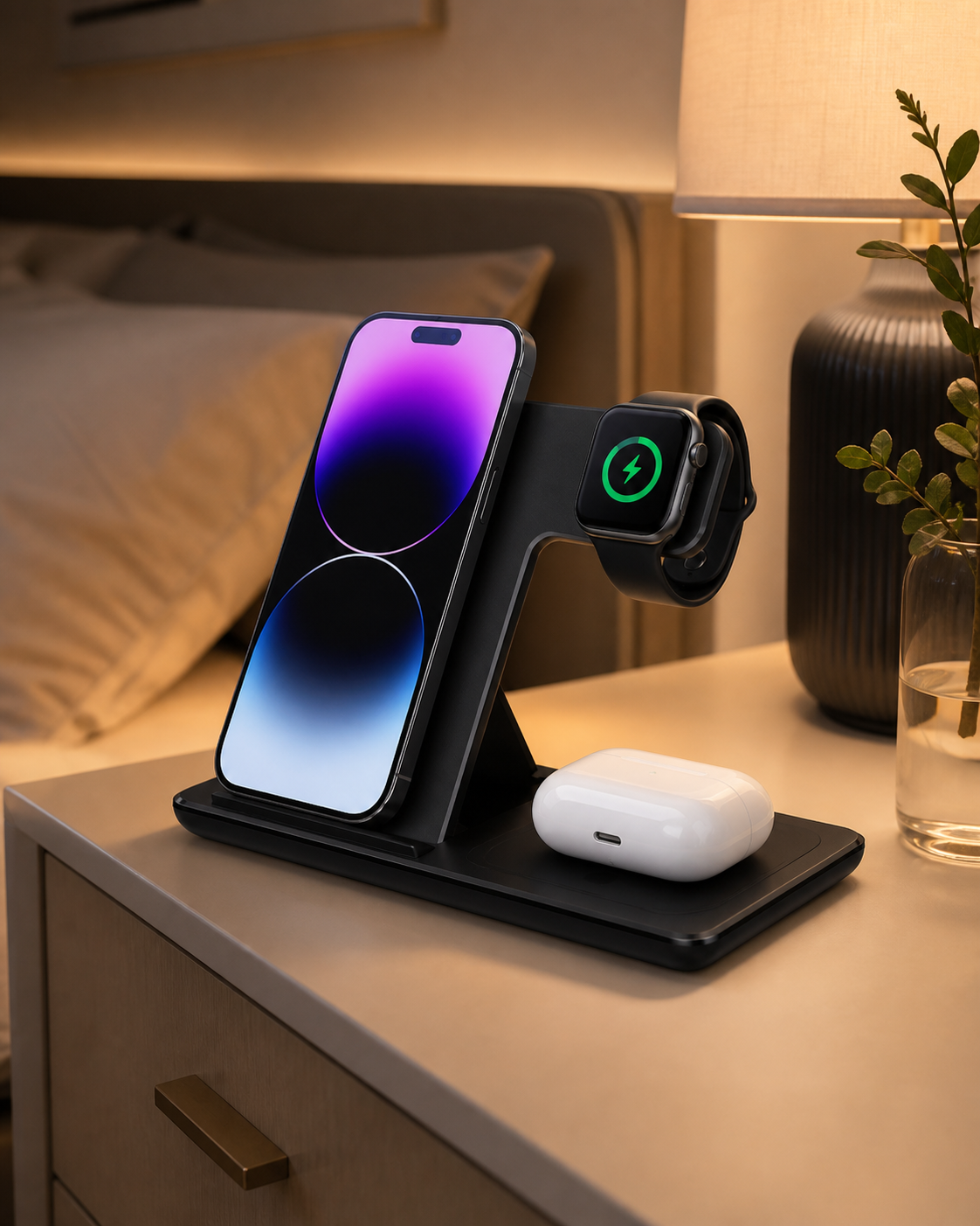 3-in-1 foldable wireless charging station on a bedside table