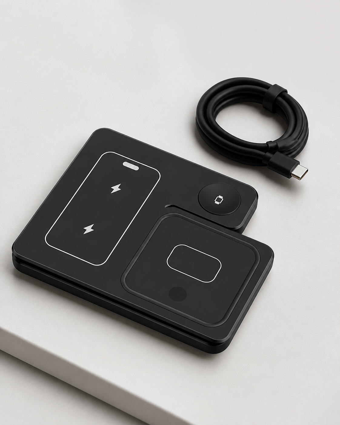 Folded 3-in-1 wireless charging station ready for travel