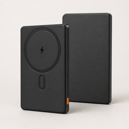 Ultra-slim black magnetic portable power bank, studio product view