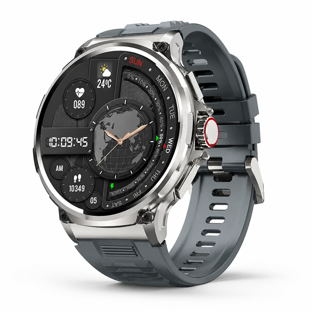 Silver fitness tracker watch with round digital display and dark gray silicone strap on a clean studio background