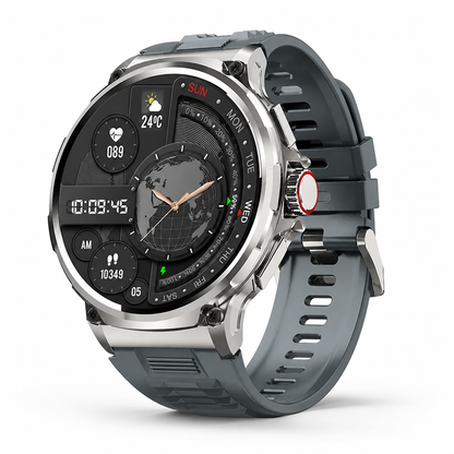 Silver fitness tracker watch with round digital display and dark gray silicone strap on a clean studio background