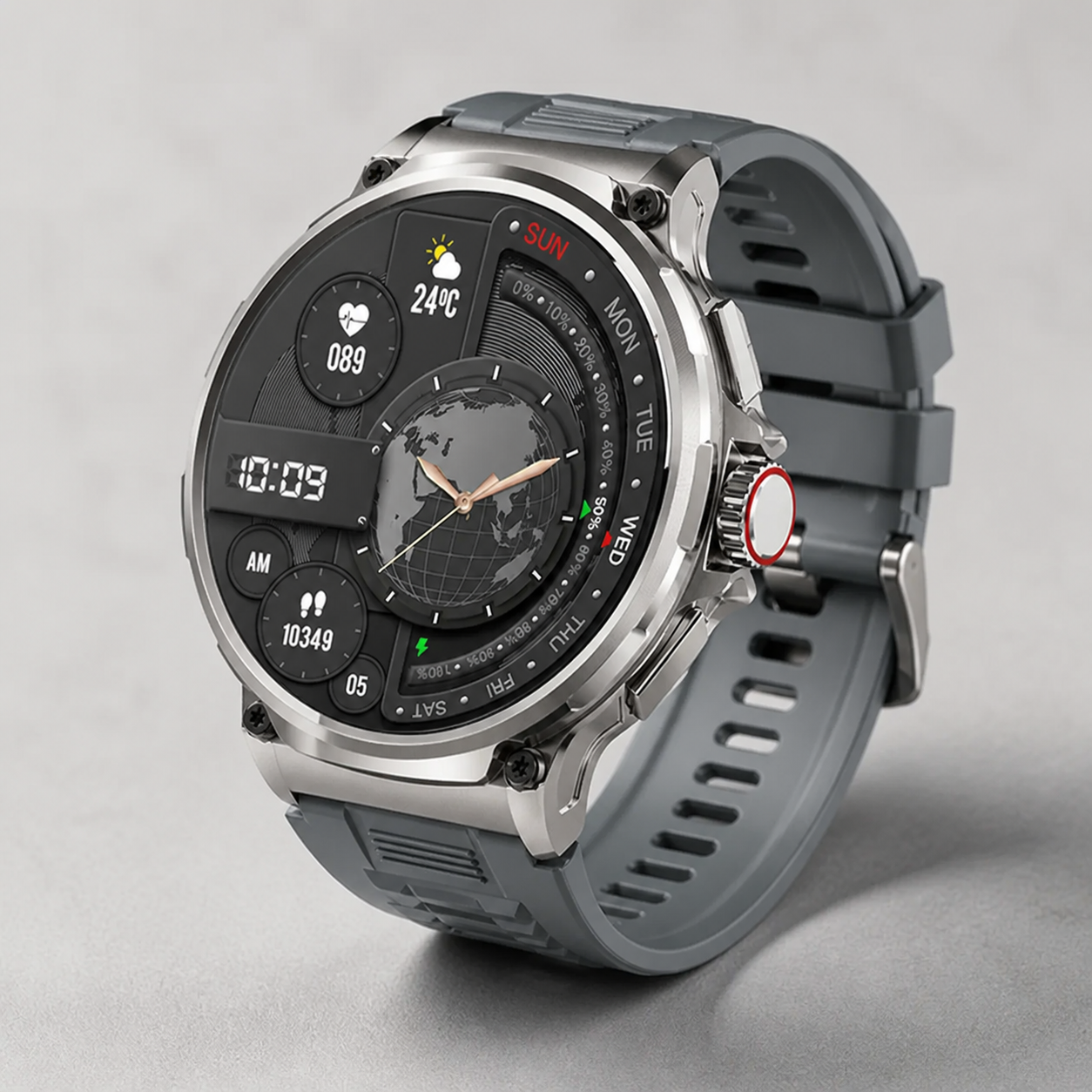 Close studio view of the silver fitness tracker watch with round display and dark gray strap